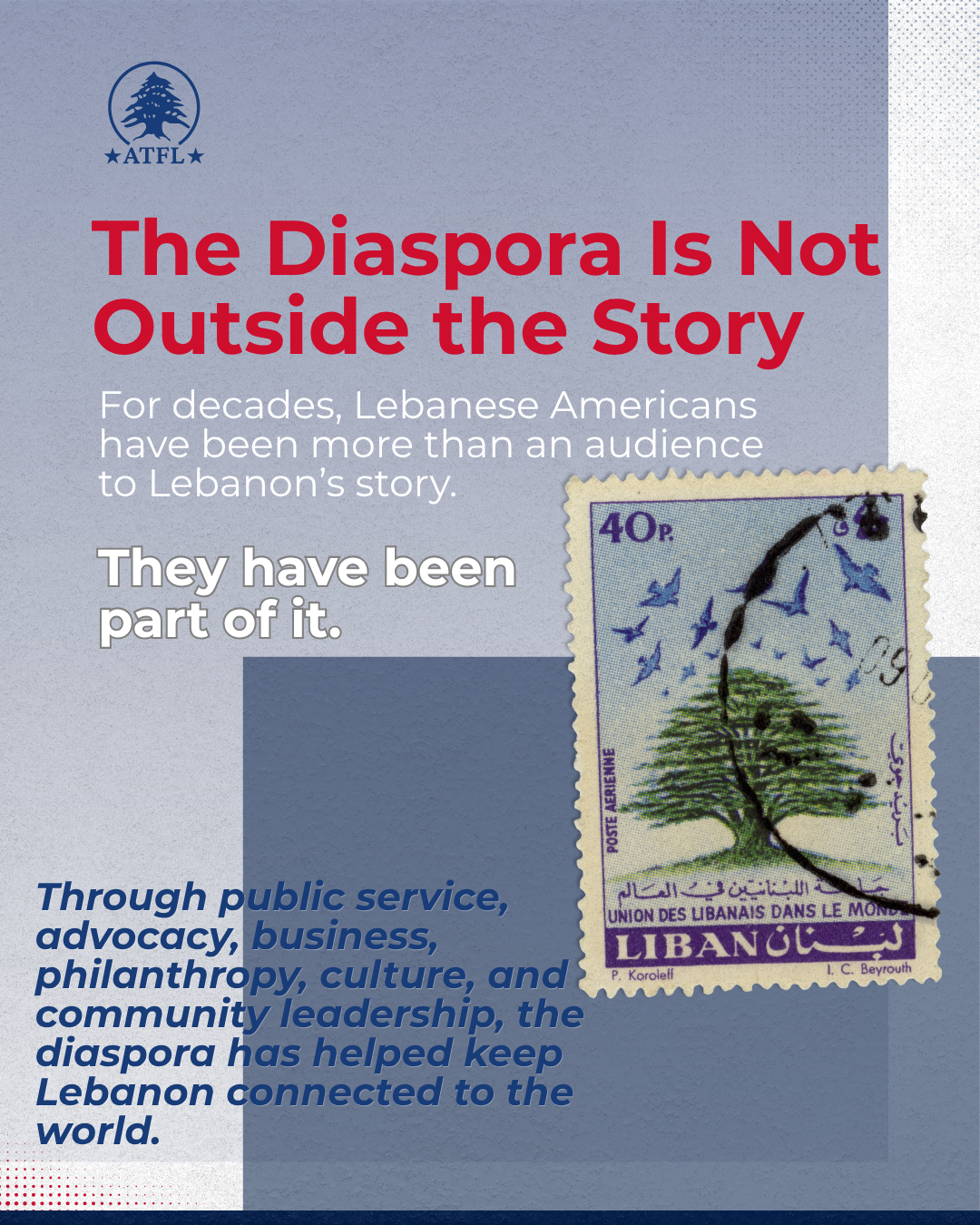 ATFL artwork about the Lebanese diaspora being part of Lebanon’s story, featuring a vintage Lebanese stamp