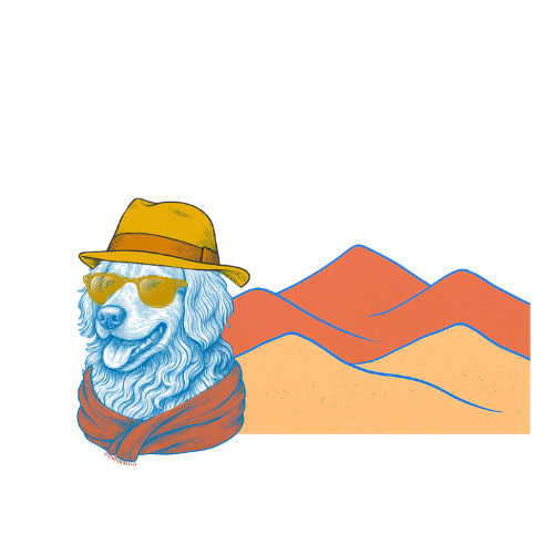 House of Kalee dog illustration wearing a hat and sunglasses beside warm-coloured mountains