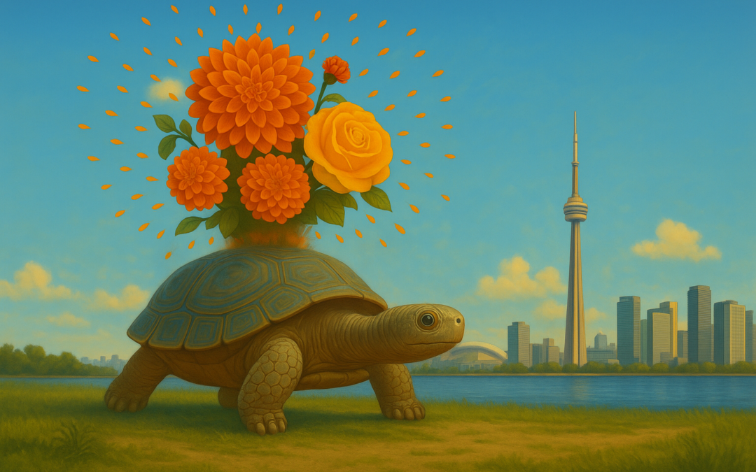 Turtle facing the city